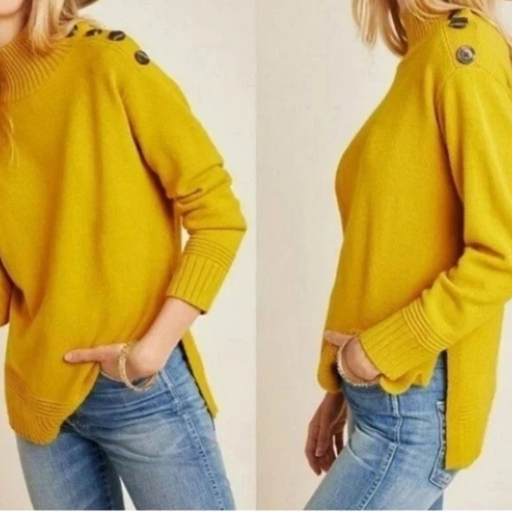 Anthropologie Margarita Sweater Womens Mustard Yellow Buttons Mock‎ Neck Size XS
